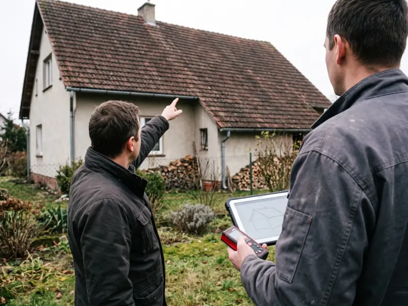 Instalator z tabletem i dalmierzem rozmawia z właścicielem, który pokazuje dach domu