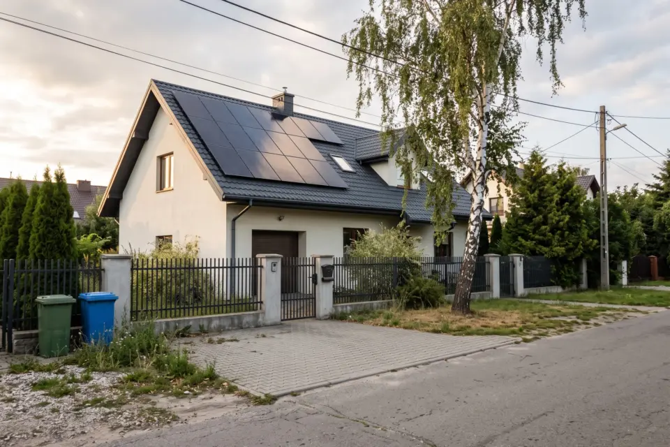 Dom jednorodzinny z panelami fotowoltaicznymi na dachu, przed nim brzoza i ogrodzenie