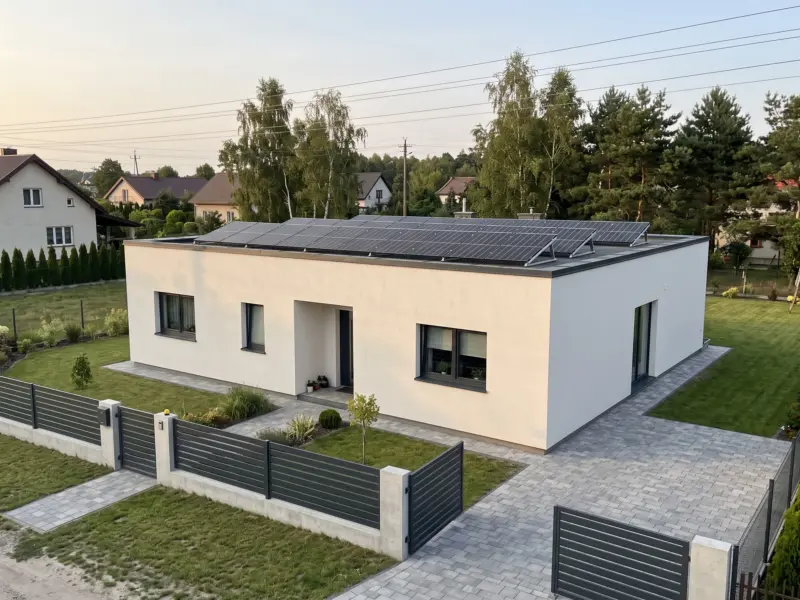 Parterowy dom z płaskim dachem i rzędami czarnych paneli fotowoltaicznych na konstrukcjach balastowych