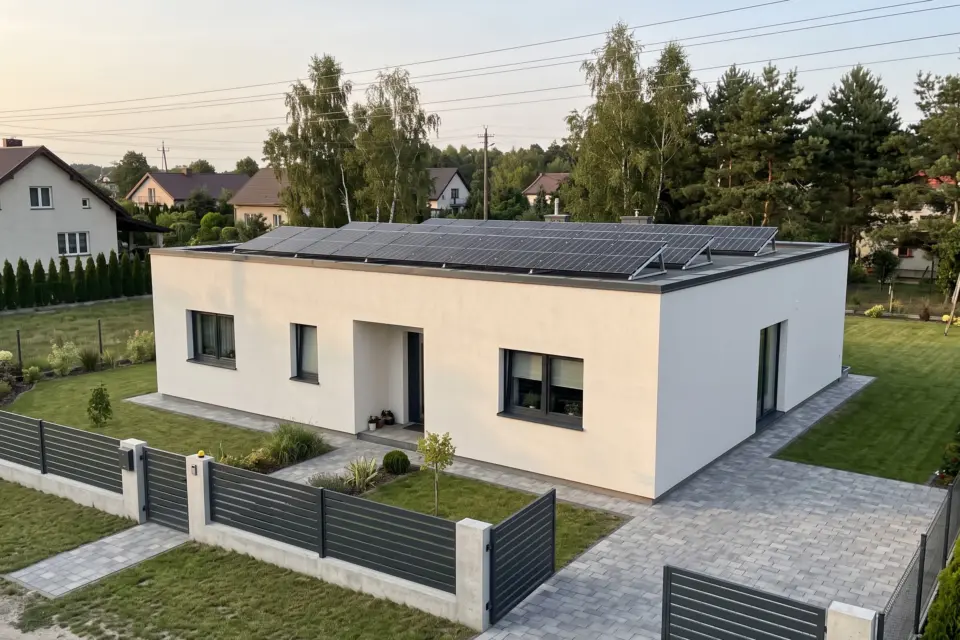 Parterowy dom z płaskim dachem i rzędami czarnych paneli fotowoltaicznych na konstrukcjach balastowych