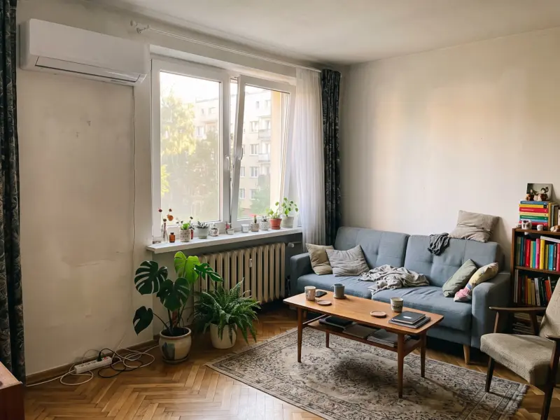 Salon w mieszkaniu w bloku z klimatyzatorem nad oknem, kanapa i rośliny