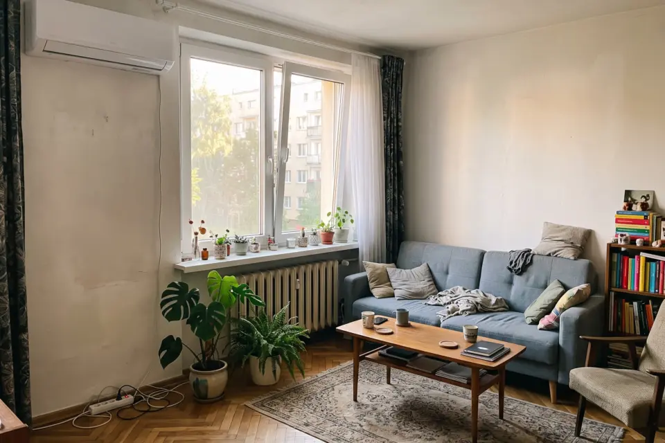 Salon w mieszkaniu w bloku z klimatyzatorem nad oknem, kanapa i rośliny