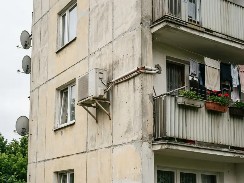 Jednostka zewnętrzna klimatyzatora na wspornikach na elewacji bloku, obok balkon z praniem