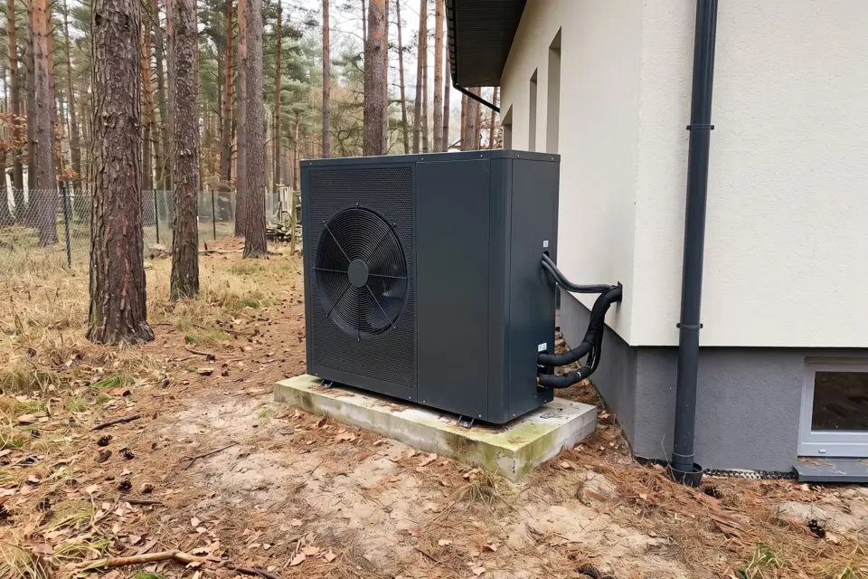 Grafitowa pompa ciepła powietrze-woda na betonowym fundamencie przy domu, w tle pnie sosen i igliwie